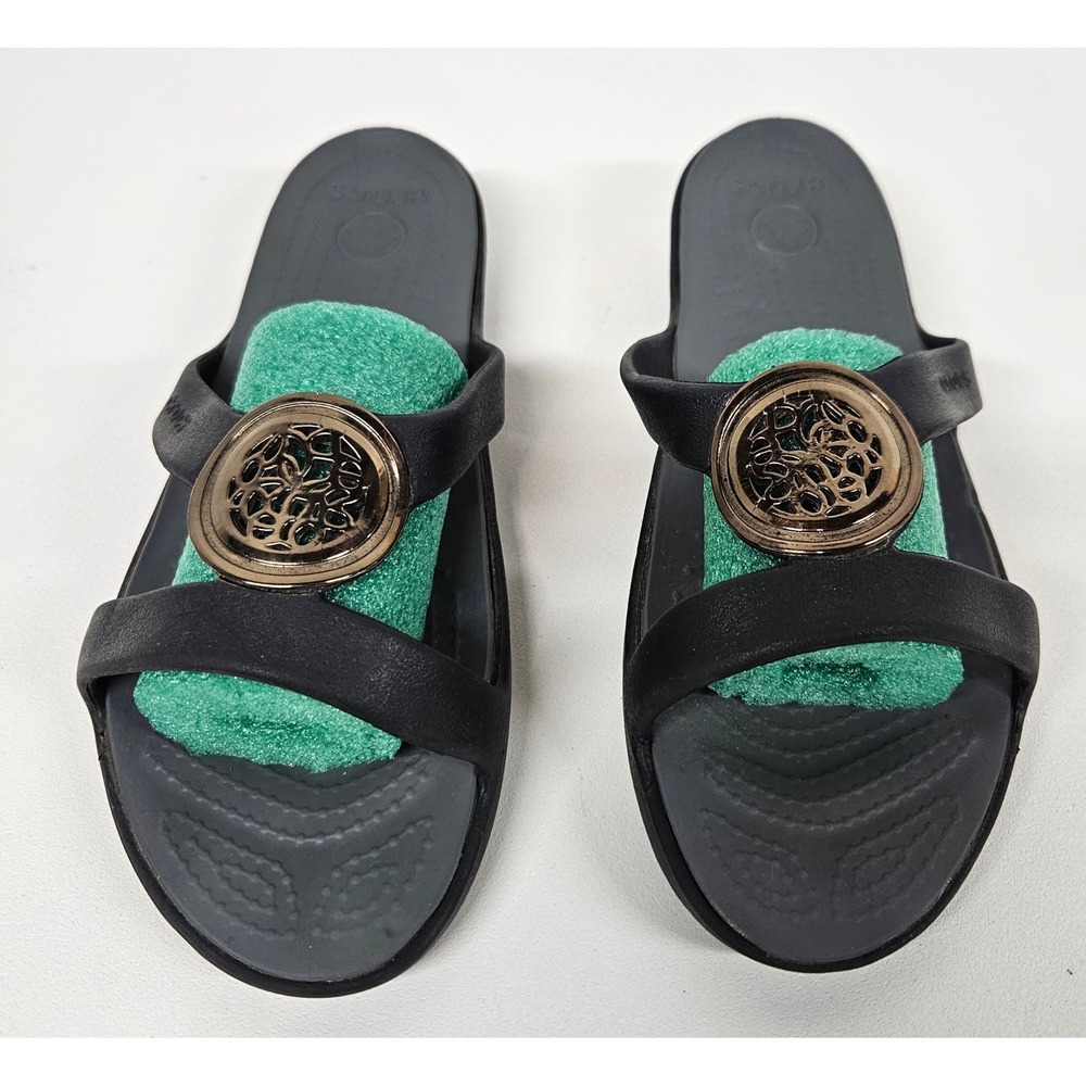 Crocs Sanrah Embellished Slide Sandals Black Charcoal Medallion Womens Size 9